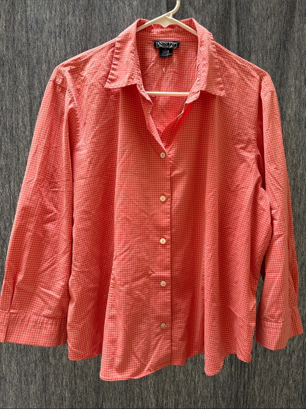 Lands' End Coral Red Check Button-Down Shirt